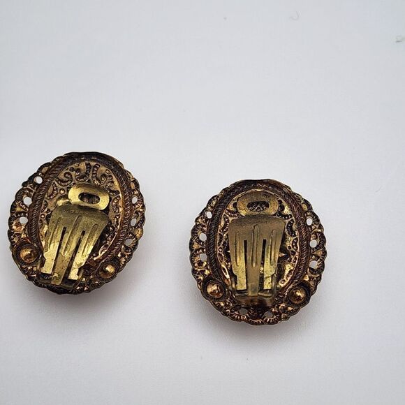 Vintage West Germany Gold Tone Brown Porphyry Glass & Rhinestone Clip-On Earring - Picture 4 of 5